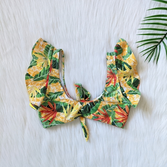 Yellow Tropical print tie front ruffle bikini top - Picture 6 of 7